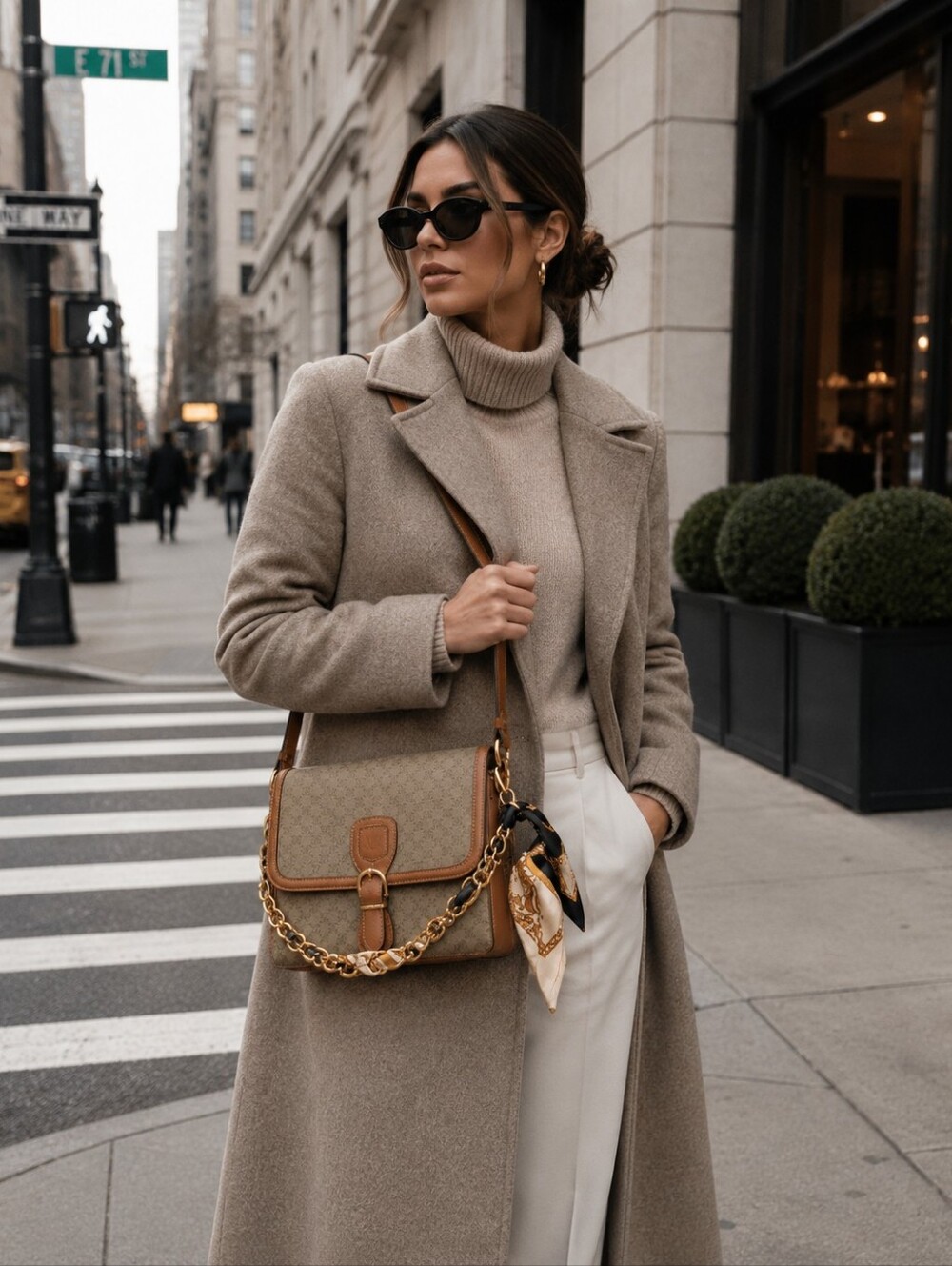 Celine Vintage Taupe Macadam Coated Canvas And Leather Crossbody